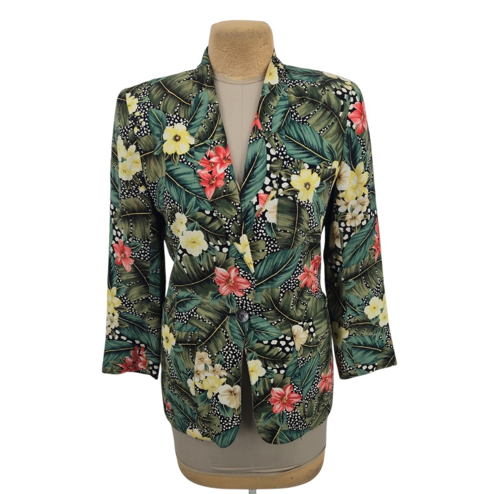Liz Claiborne Collection Blazer Women 4 Tropical Floral Print Rayon Vintage 90s